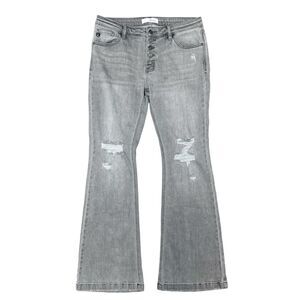 Kancan Harlo Mid Rise Flare Jeans Light Gray Knee Holes Size 13/30